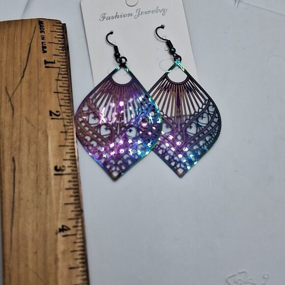 filigree ombre earrings iridescent multicolor Bohemian stencil - Picture 4 of 5
